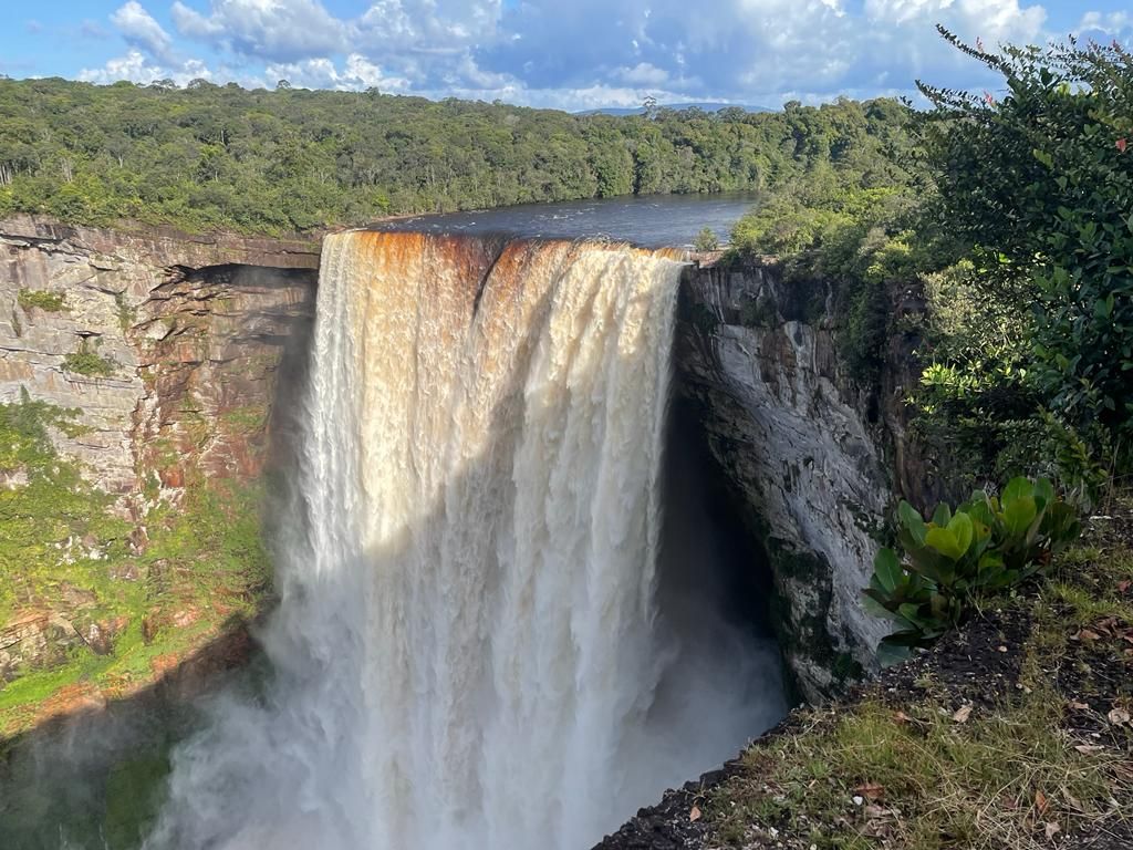 Kaieteur Falls frontal view with clouds and mist